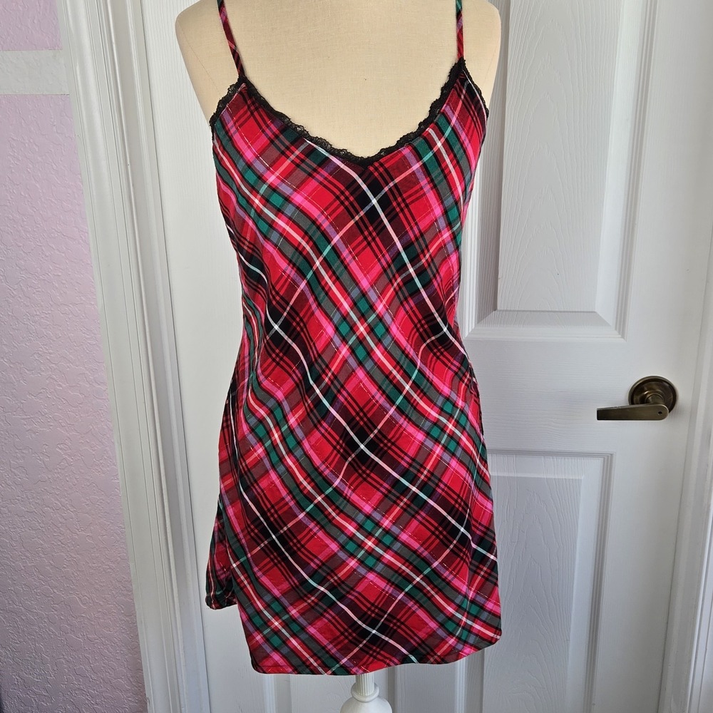 Victoria's Secret Holiday Plaid Nightgown Size S Cotton Blend Pink Green